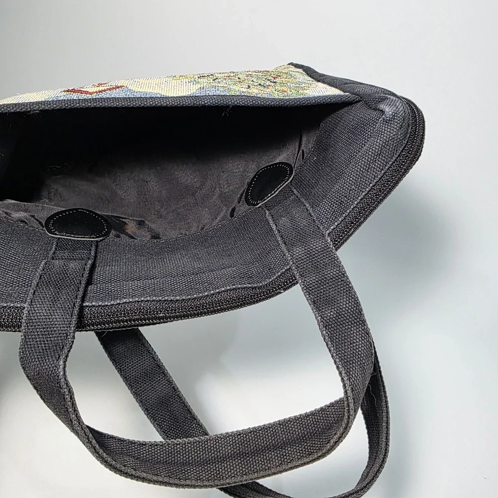 Vintage Black Canvas Needlepoint Bible Book Cover School House Handbag w/Handles